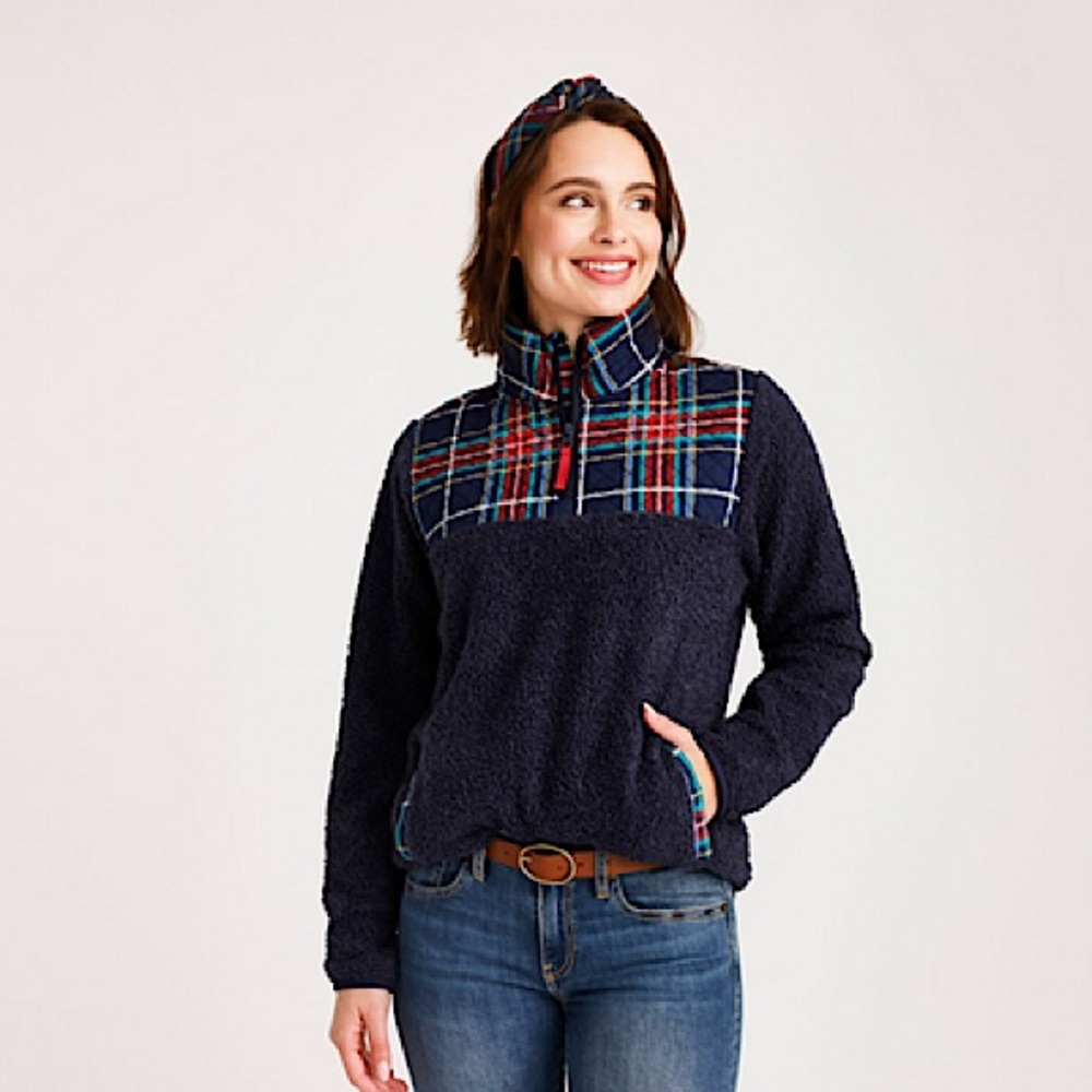 NWT Vera Bradley Navy Tartan Plaid Teddy Fleece Pullover Size Small Zip Up